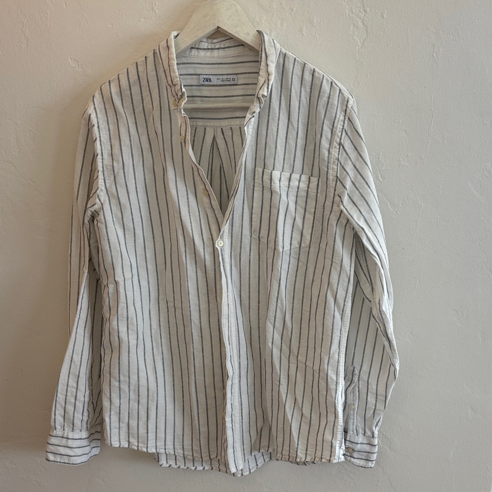 Zara Black and White Striped Linen Blend Shirt